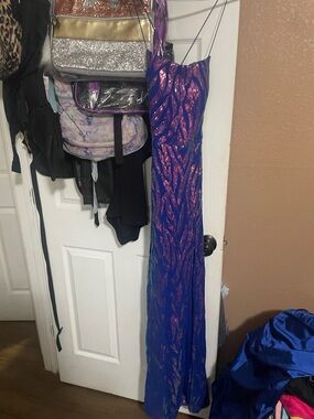 Blue and Pink Sequin Spaghetti-Strap Prom Dress